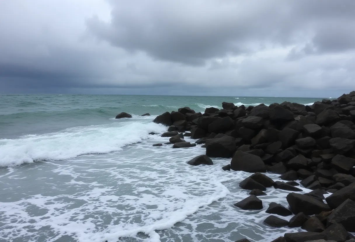 Coastal scene showing stormy ocean waves as Hurricane Erin approaches Savannah, GA