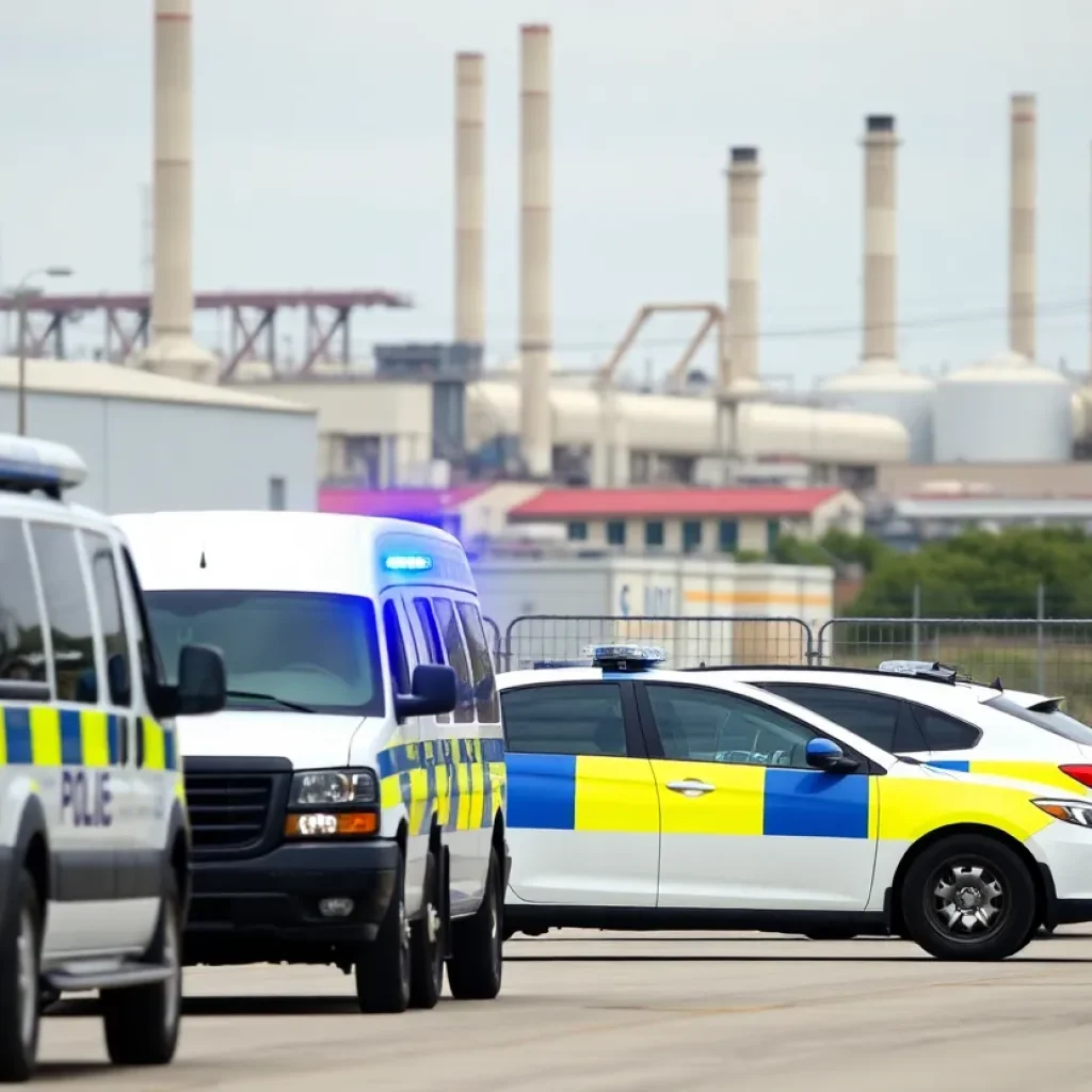 Police vehicles at Hyundai battery factory during immigration raid