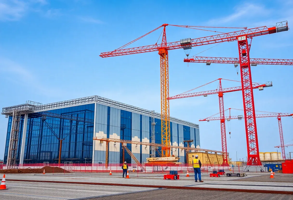 Construction site of Hyundai's battery plant with cranes and workers
