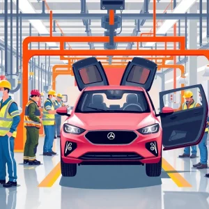 Workers in a Hyundai electric vehicle plant focusing on safety protocols