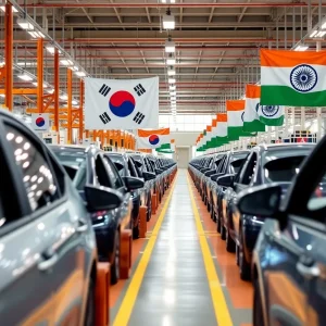 Hyundai electric vehicle factory with flags representing South Korea and India.