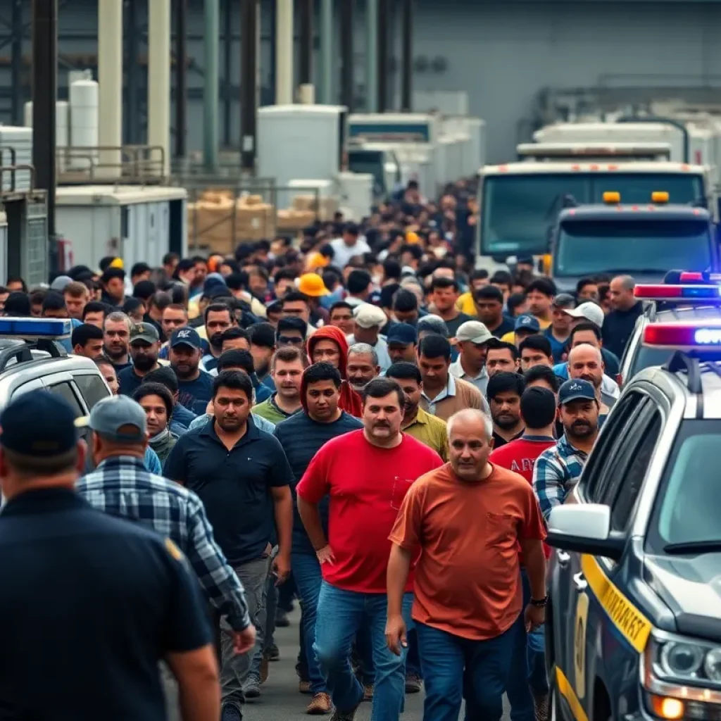 Law enforcement officials conducting an immigration raid at Hyundai plant