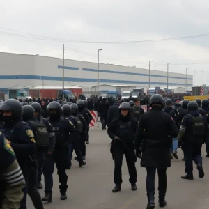 Law enforcement officers blocking access outside Hyundai manufacturing plant.