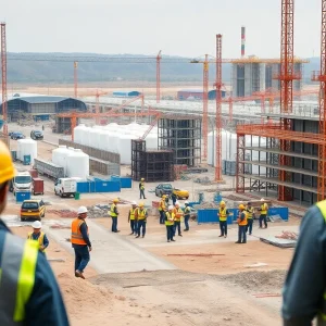 Construction site of the Hyundai LG battery plant with security presence.