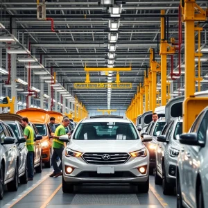 Hyundai manufacturing plant with vehicles under production