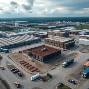 Aerial view of Hyundai's manufacturing site during an immigration raid with law enforcement presence.