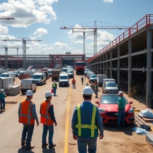 Hyundai manufacturing plant site with construction workers