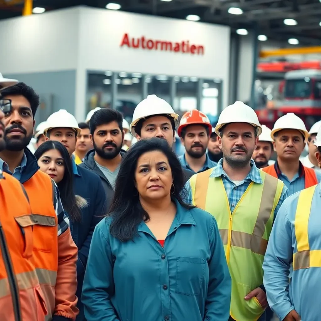Group of construction workers outside a Hyundai plant after an immigration raid.