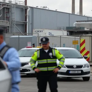 Law enforcement outside an industrial battery plant after an immigration raid.