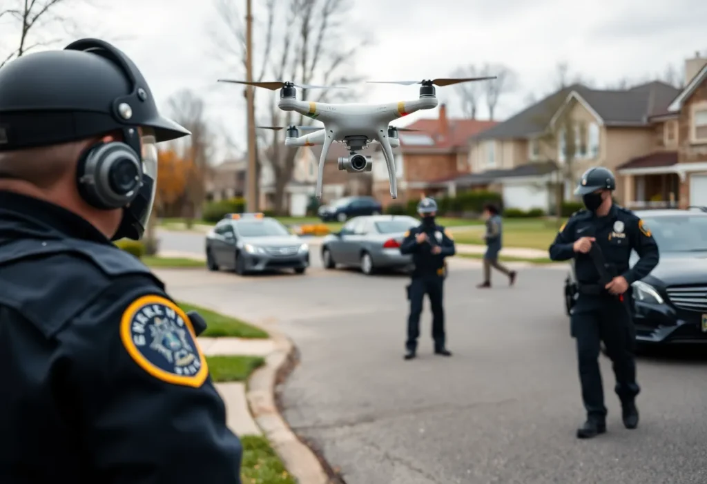 Police officers conducting an investigation for identity fraud with a drone in the background.