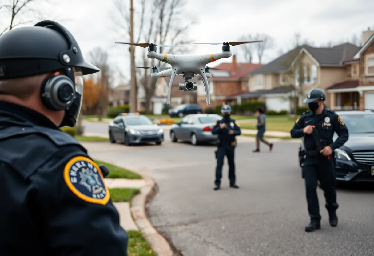 Police officers conducting an investigation for identity fraud with a drone in the background.