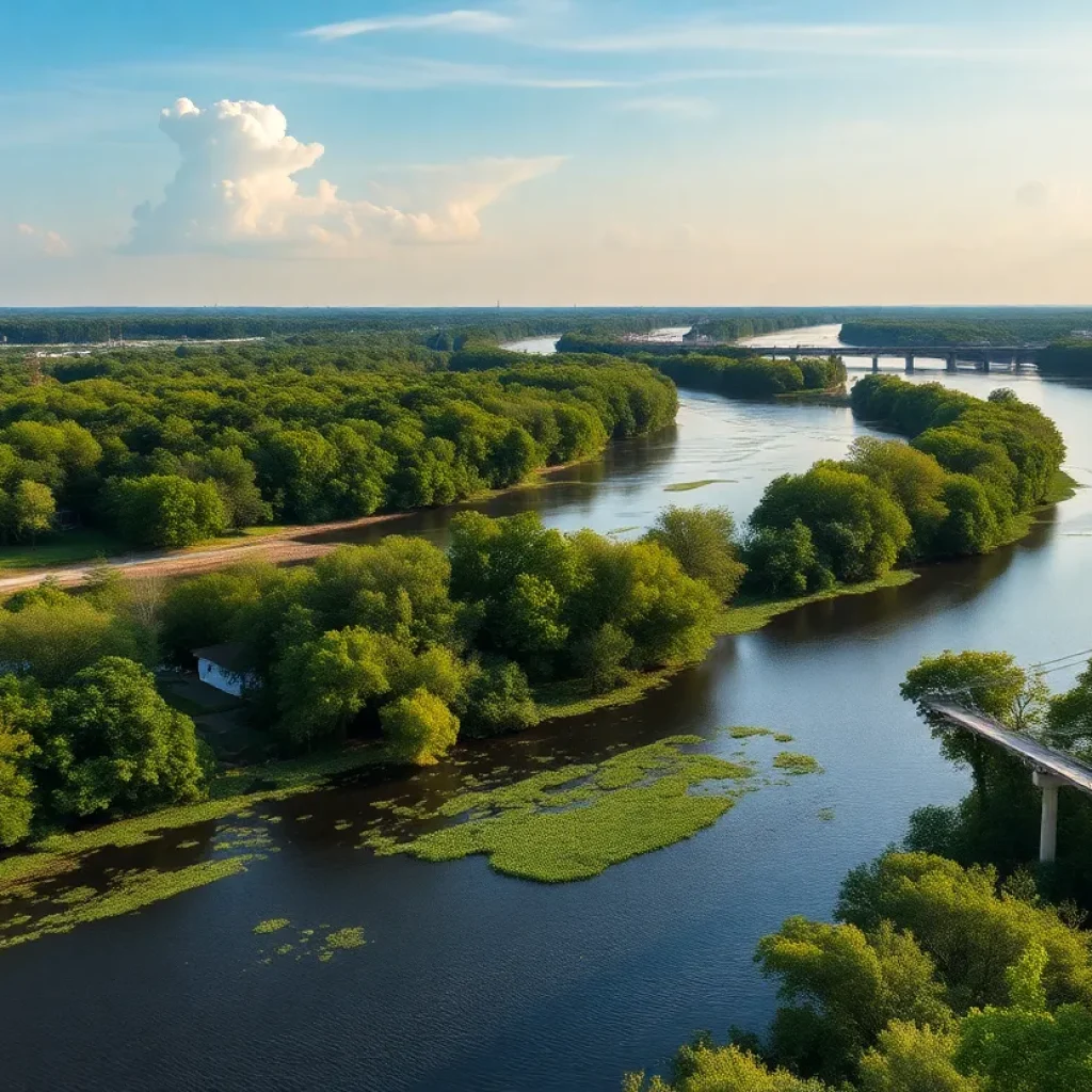 Scenic view of the Ogeechee River surrounded by lush greenery and industrial elements reflecting environmental advocacy.
