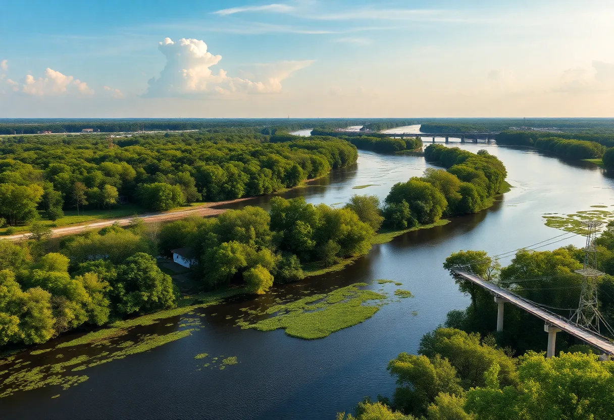 Scenic view of the Ogeechee River surrounded by lush greenery and industrial elements reflecting environmental advocacy.