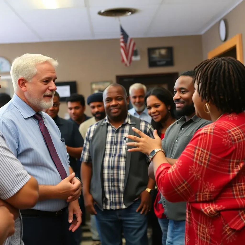 Local community event with a politician engaging with citizens in a barbershop