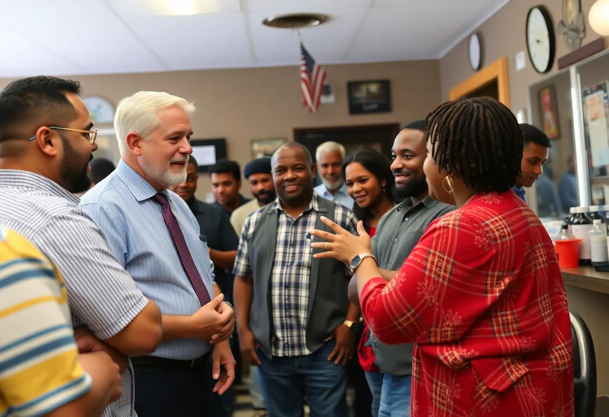 Local community event with a politician engaging with citizens in a barbershop