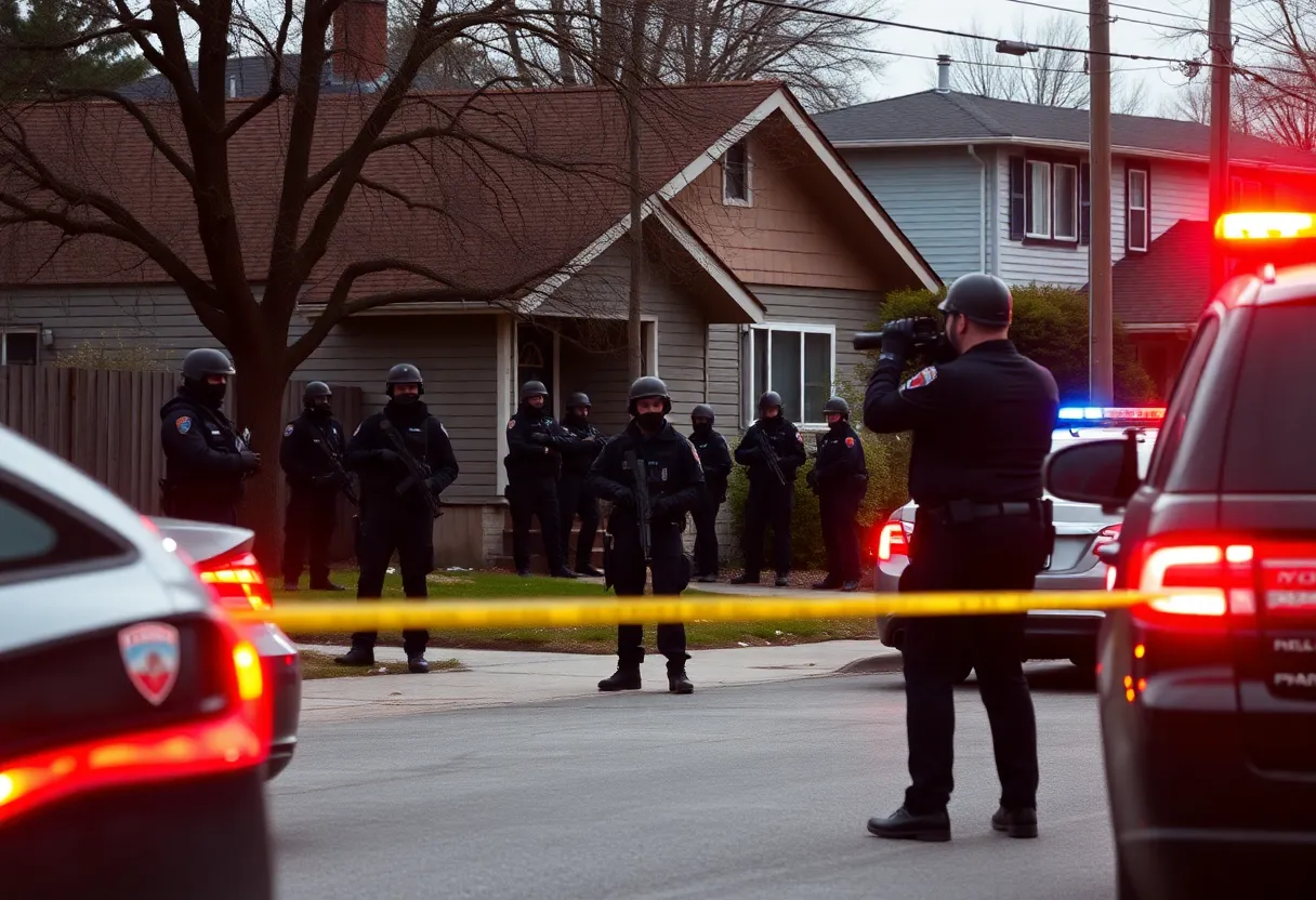 Police officers surrounding a house during a standoff