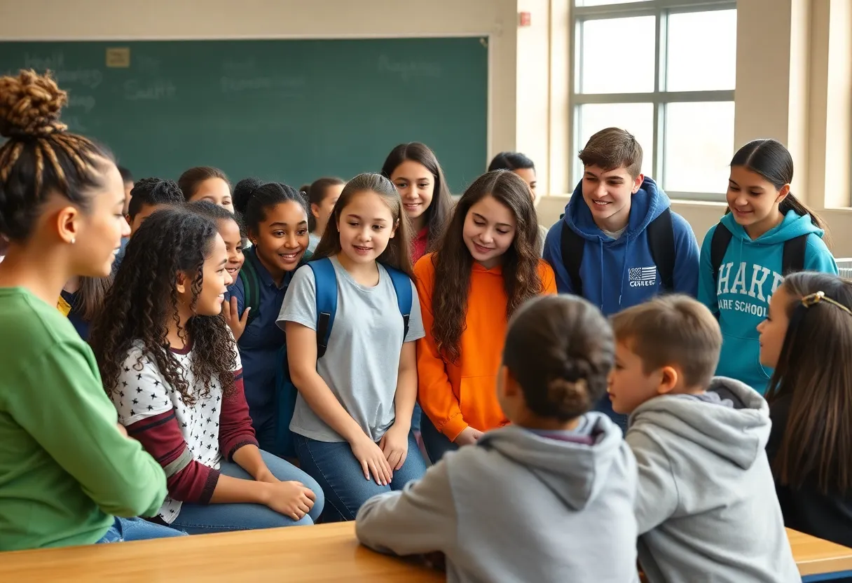 High school students mentoring middle schoolers in a positive peer program.