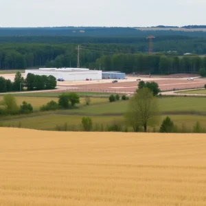 Landscape view of the Rivian electric vehicle plant site in Madison, Georgia