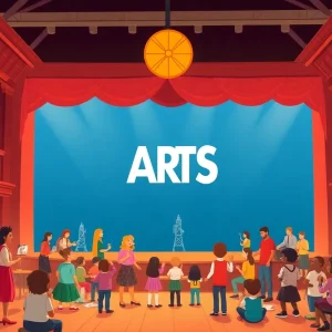 Community theatre event illustrating children and families participating in arts activities