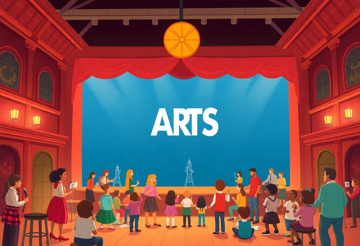 Community theatre event illustrating children and families participating in arts activities