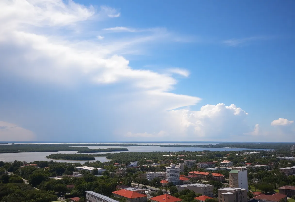 Coastal view of Savannah with warm weather and stormy skies