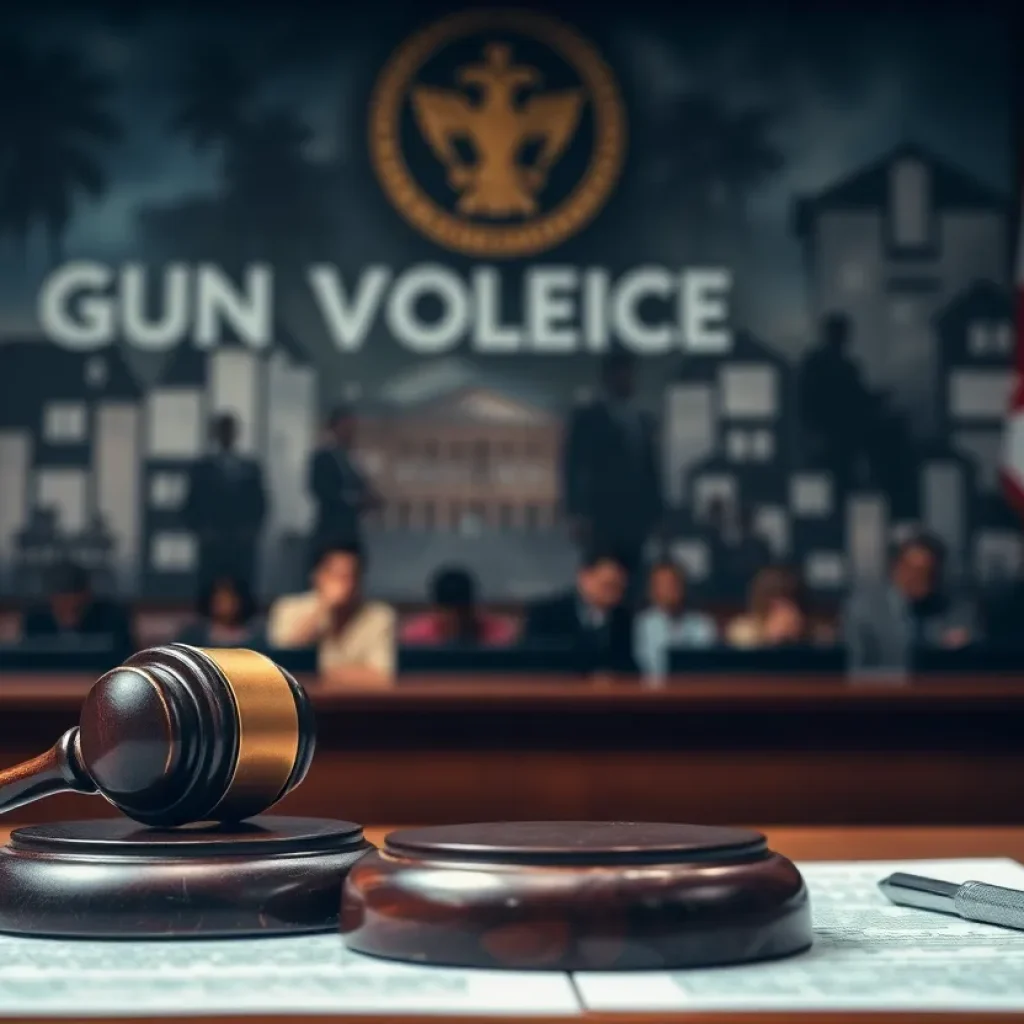 Courtroom scene depicting justice and community impact from crime.