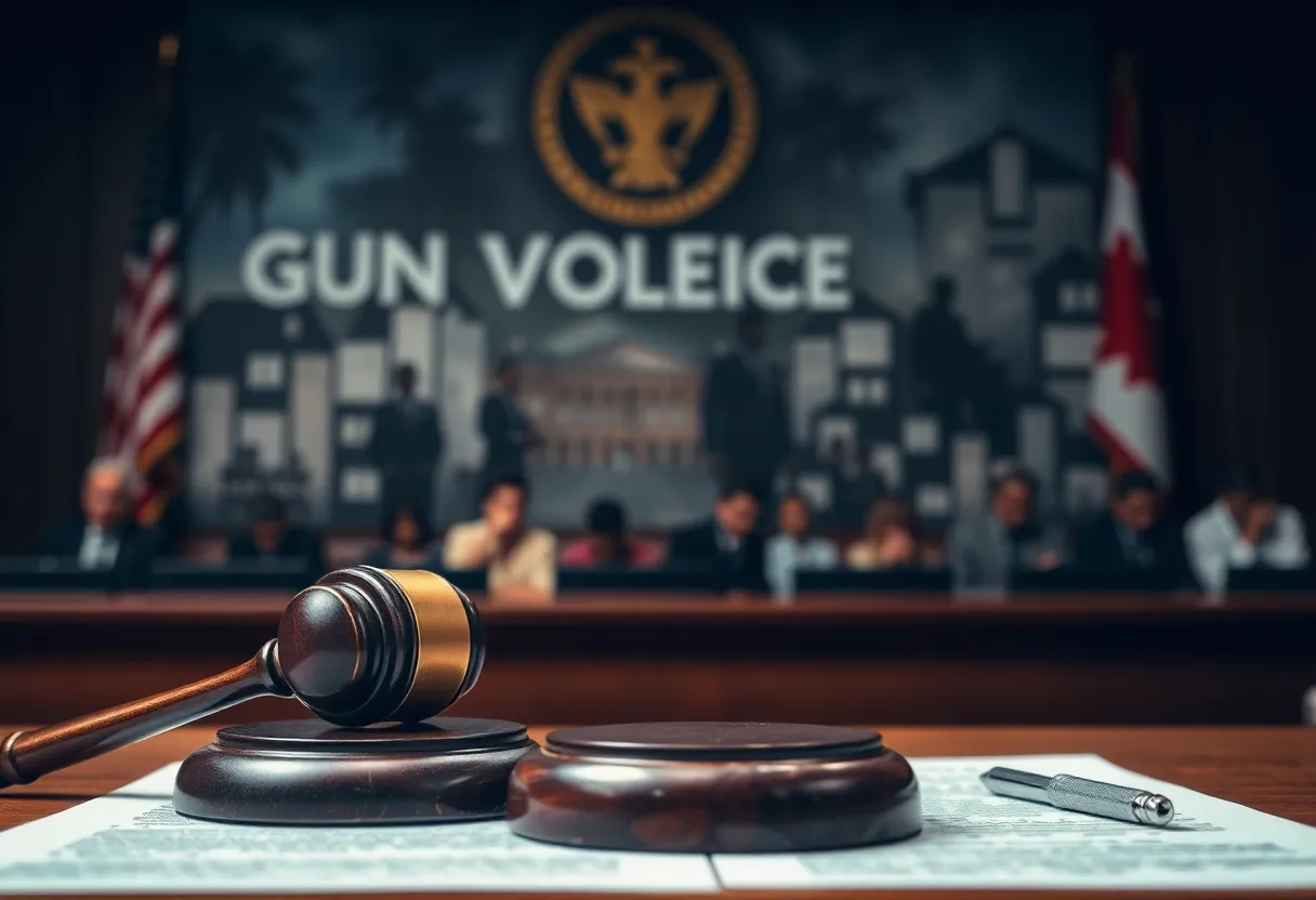 Courtroom scene depicting justice and community impact from crime.