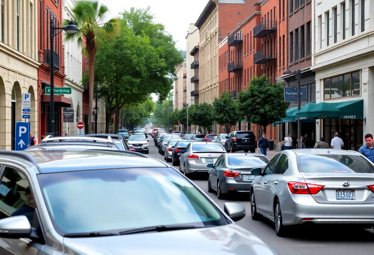 Downtown Savannah showing parking spaces and pedestrian activity