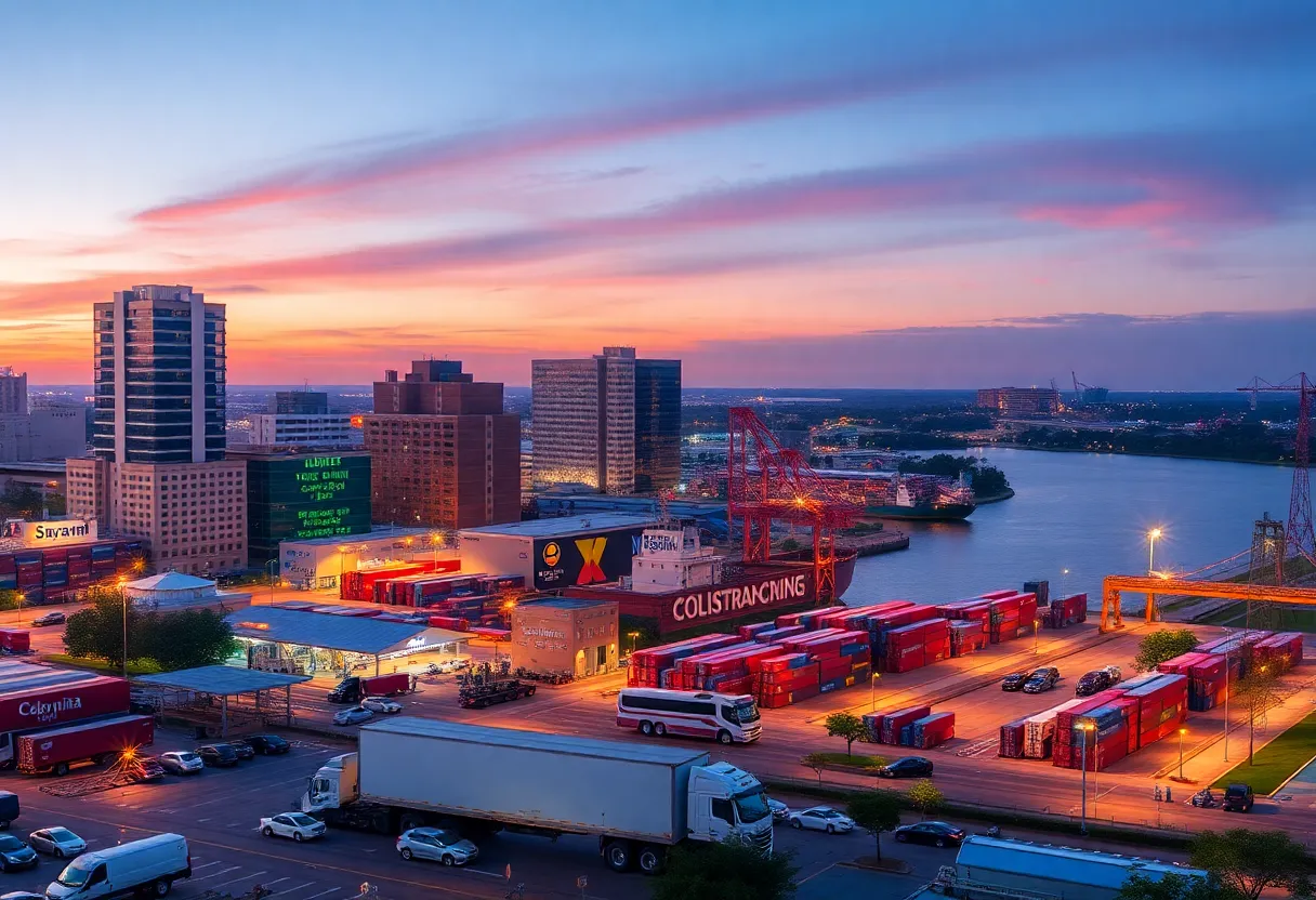 A view of Savannah highlighting its port and technology industries promoting economic growth.
