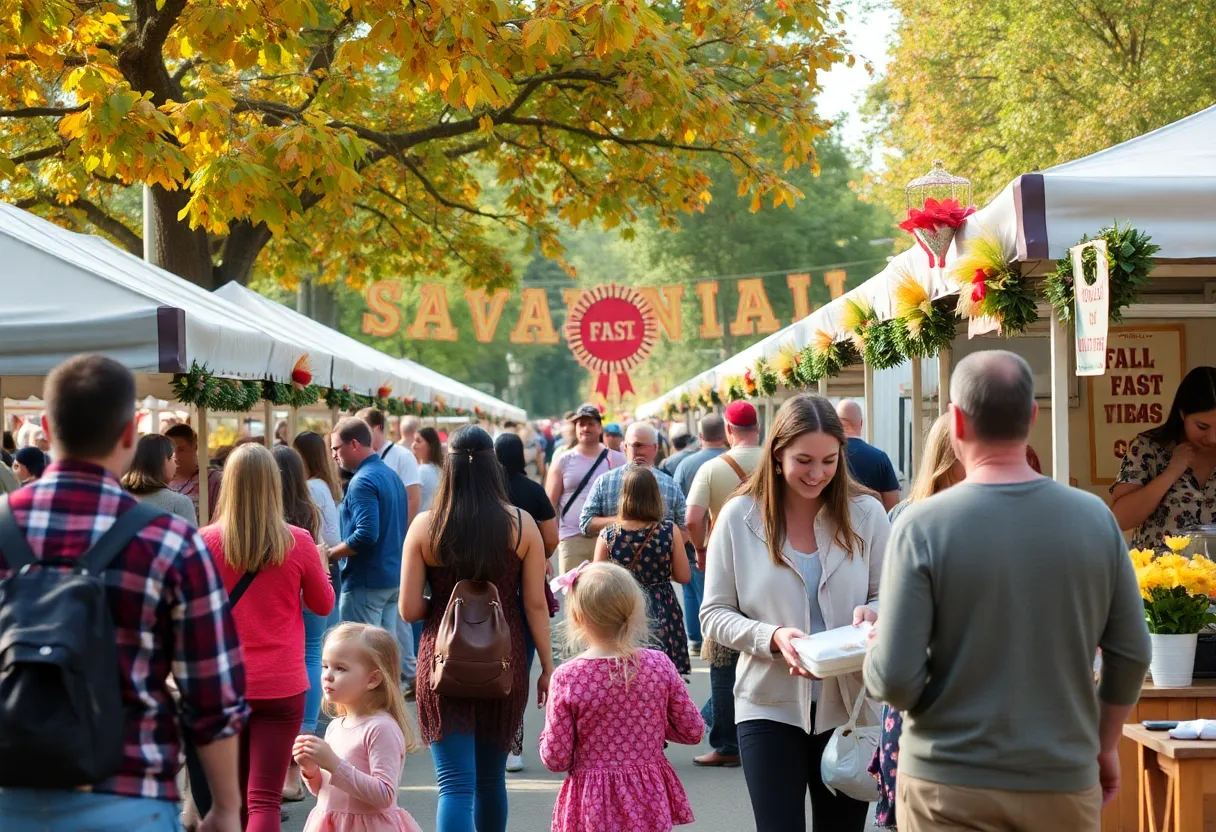 Families enjoying the Seaport Fall Fest in Savannah with autumn decorations and food stalls