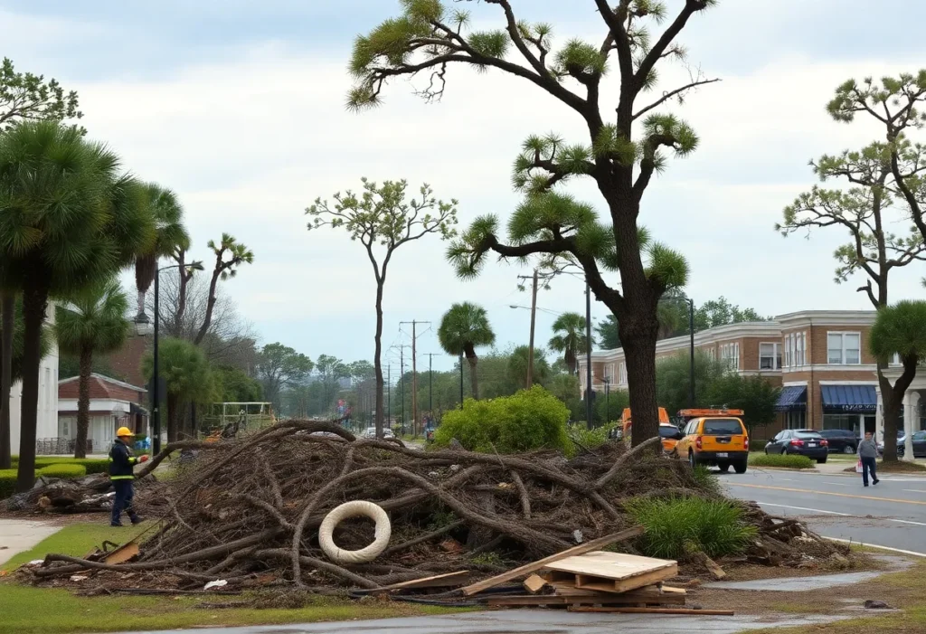 Savannah cityscape post Hurricane Helene showing cleanup efforts