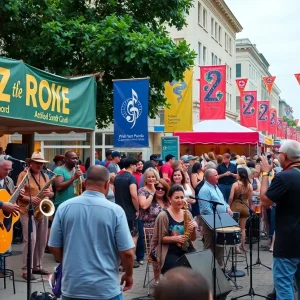 Scene from the Savannah Jazz Festival with musicians and audience