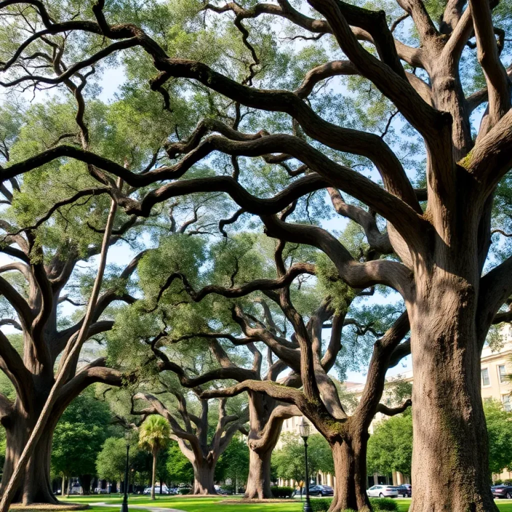 A view of Savannah's live oak trees, some aging and declining, amidst an urban backdrop.