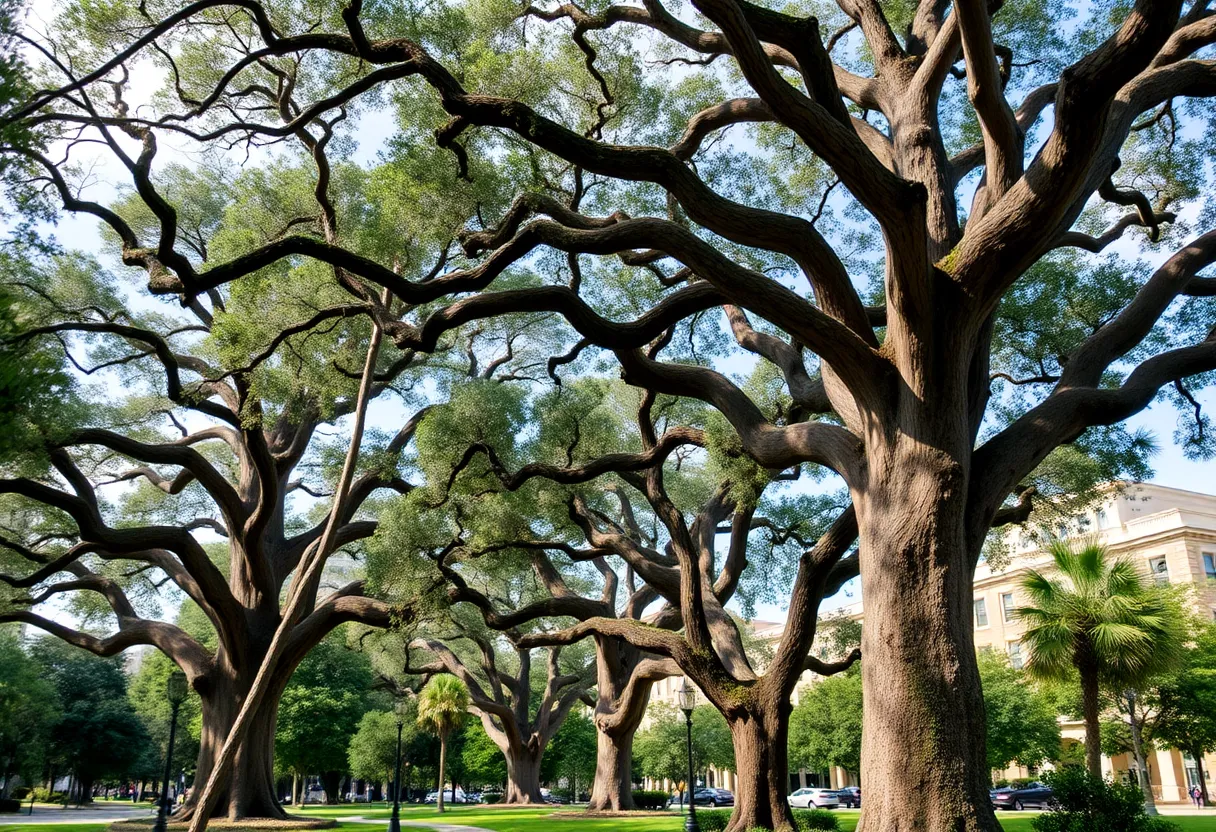 A view of Savannah's live oak trees, some aging and declining, amidst an urban backdrop.