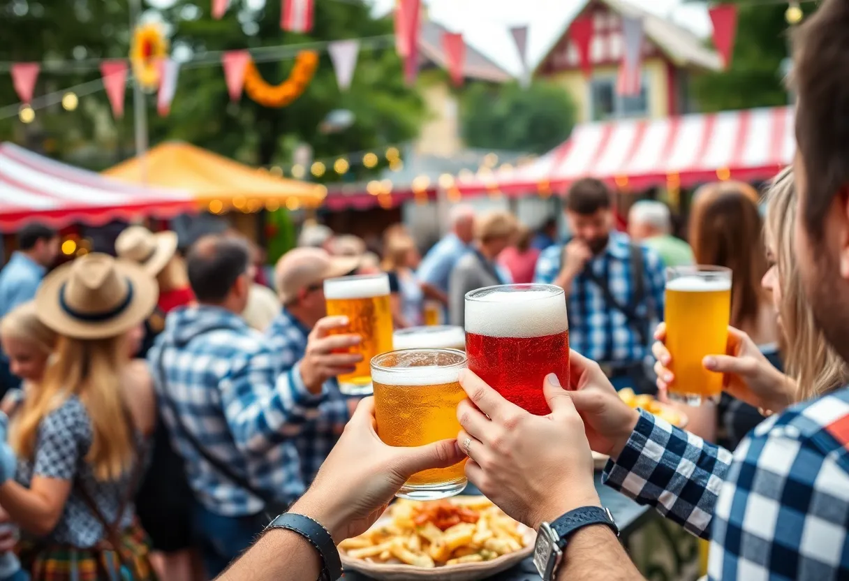 Banner of Savannah Oktoberfest with people enjoying traditional food and drinks.
