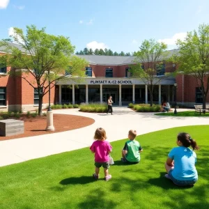 A scenic view of a well-kept private K-12 school in Savannah with students enjoying outdoor activities.
