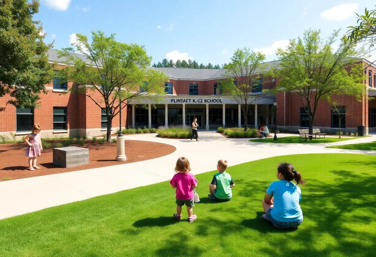 A scenic view of a well-kept private K-12 school in Savannah with students enjoying outdoor activities.