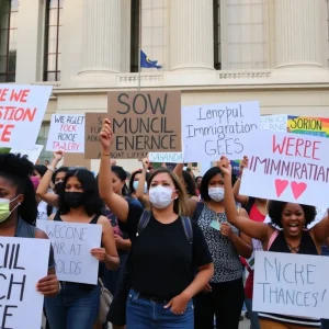 Community members protesting outside Chatham County Commission building in Savannah.