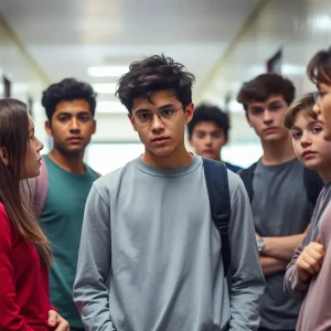 Group of concerned students discussing in a school hallway.