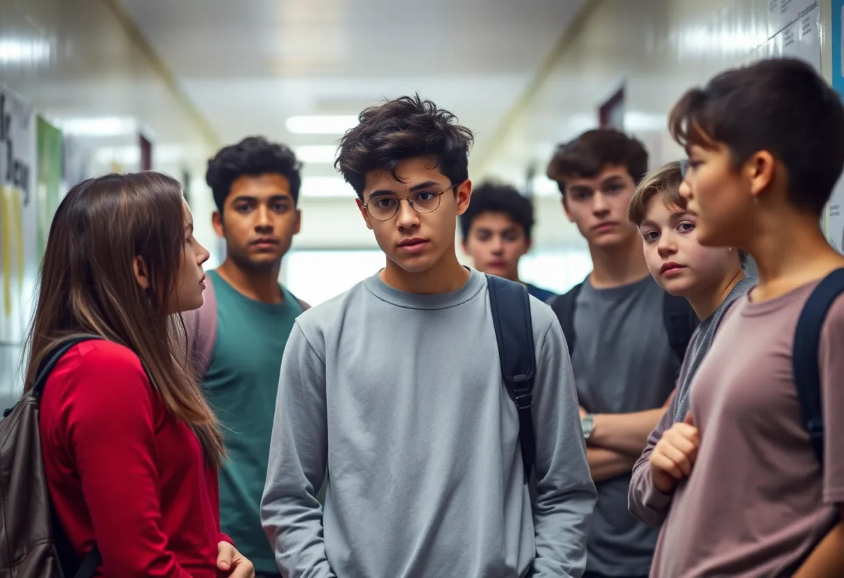 Group of concerned students discussing in a school hallway.