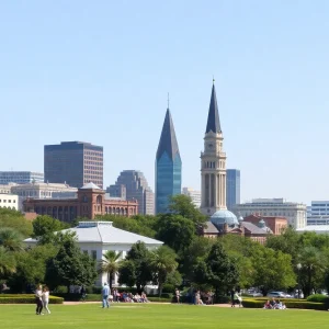 A view of Savannah skyline with clear skies and people enjoying outdoor activities