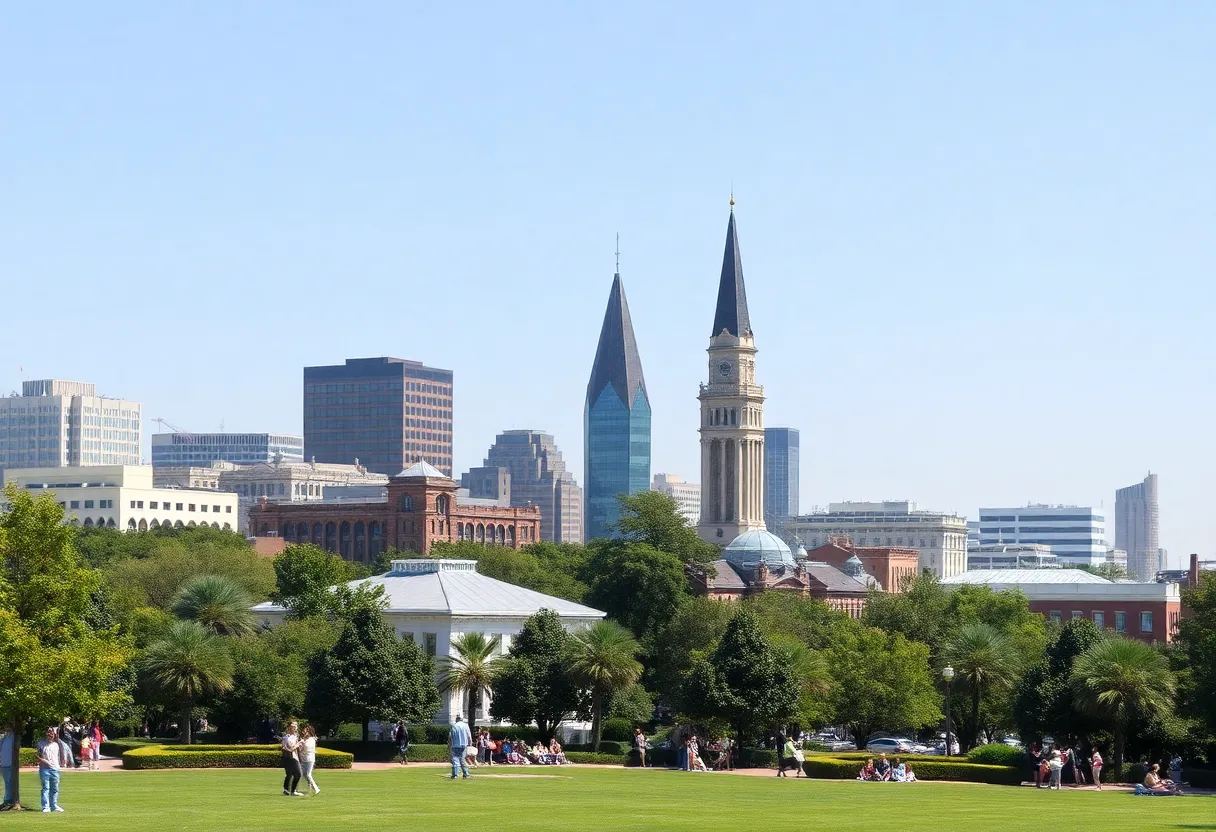 A view of Savannah skyline with clear skies and people enjoying outdoor activities