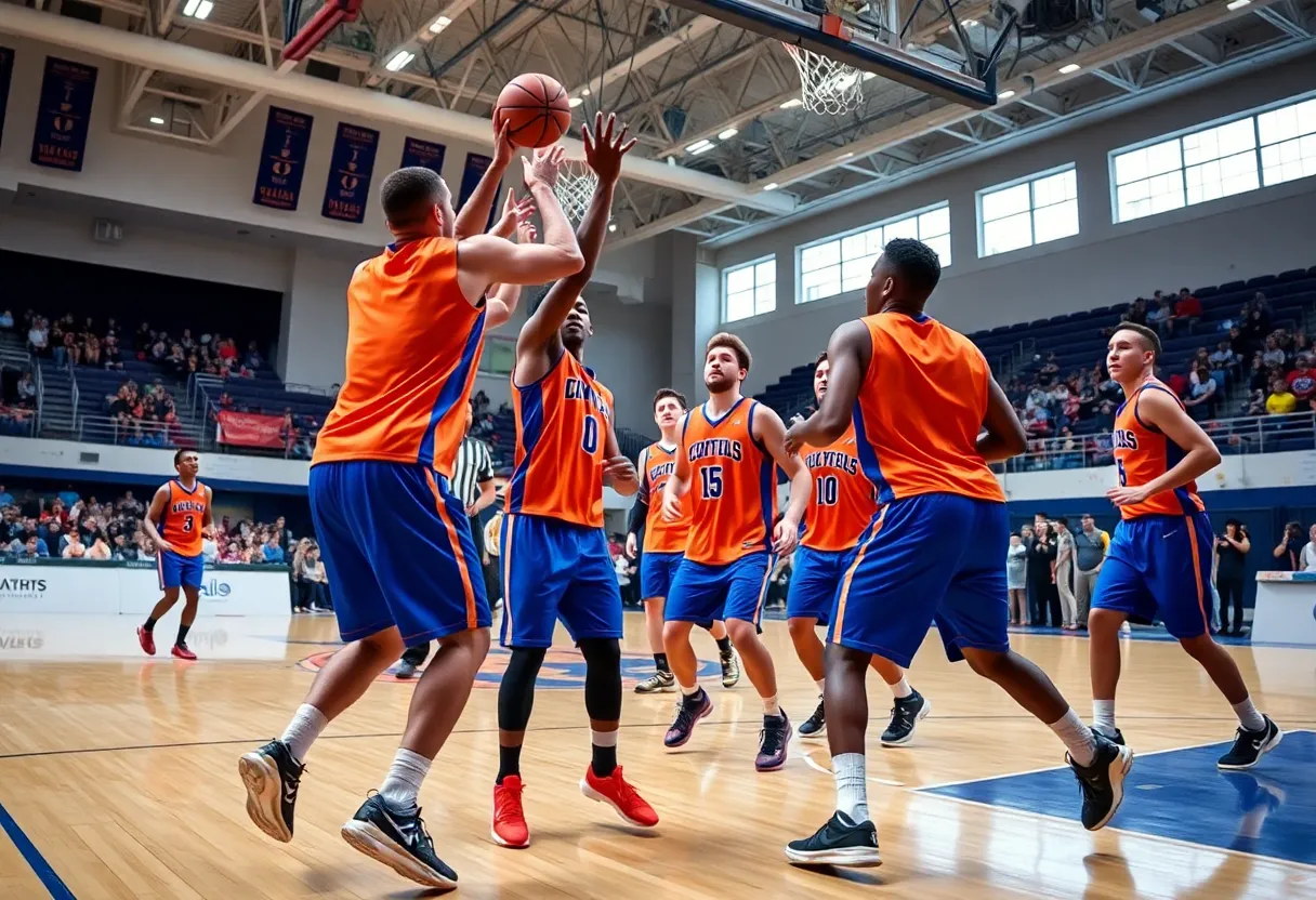 Savannah State basketball players competing in a game.