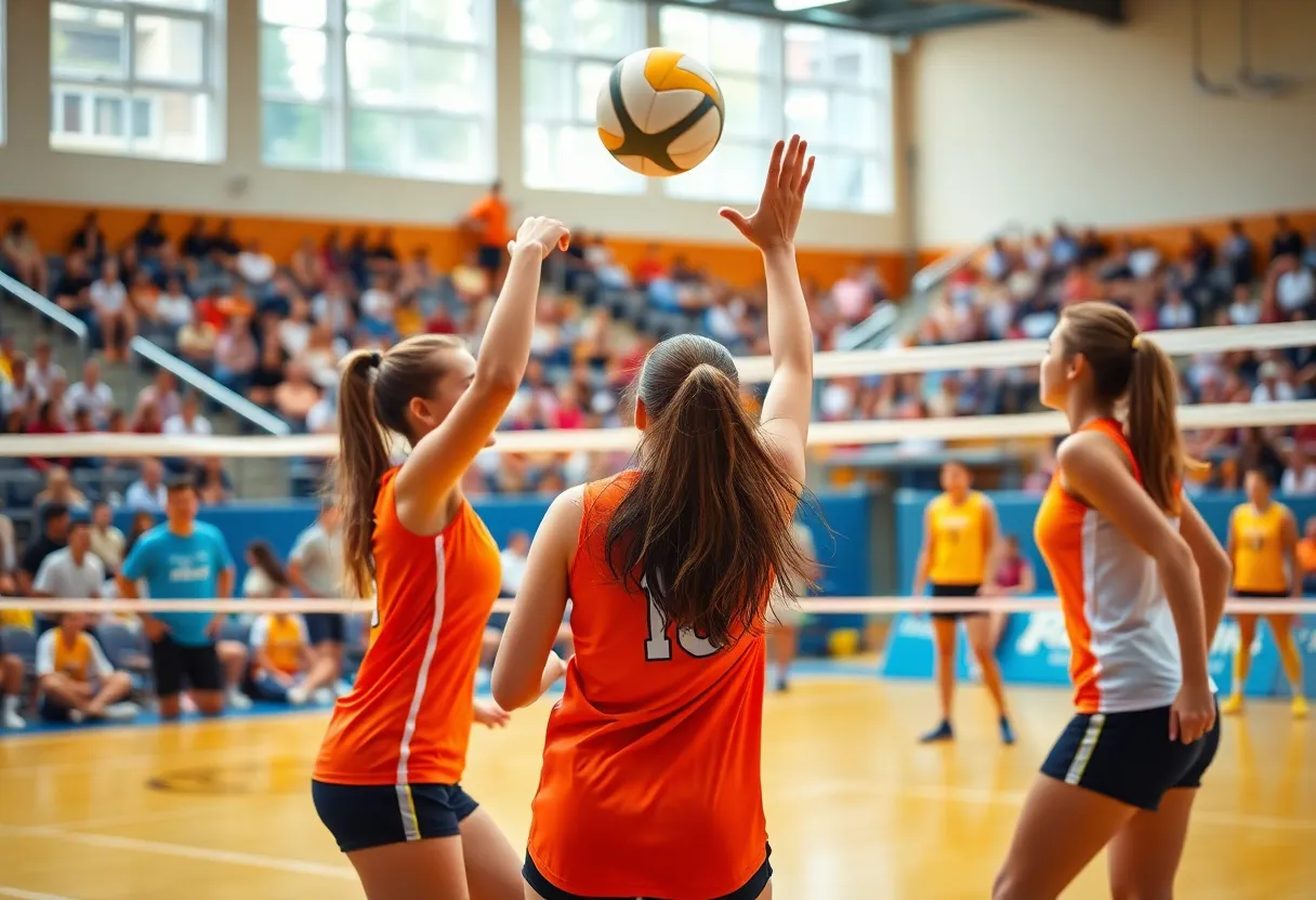 Savannah State University volleyball players competing energetically during a match.