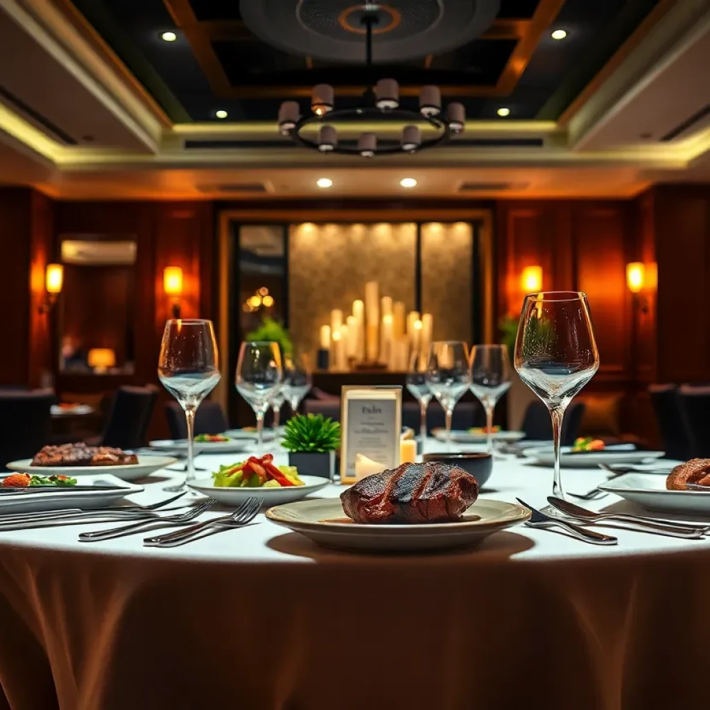An upscale steakhouse interior with gourmet steak dishes