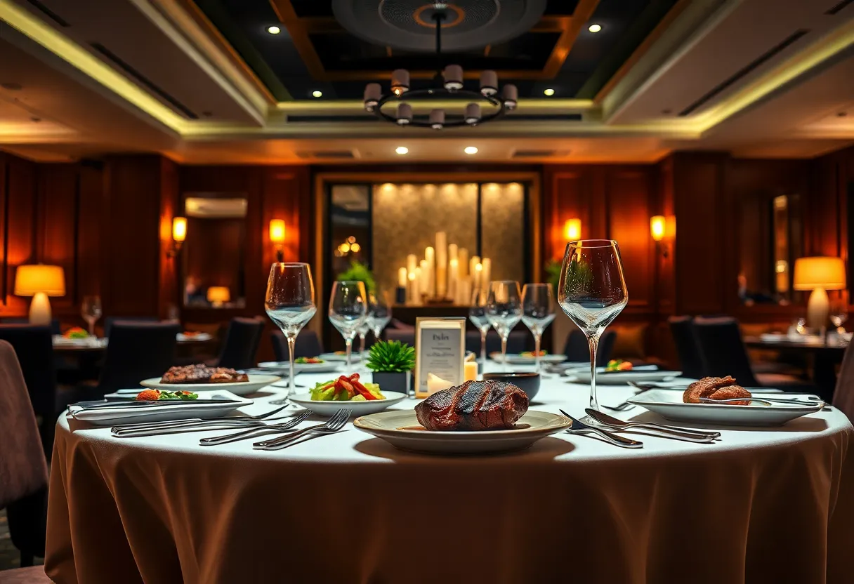 An upscale steakhouse interior with gourmet steak dishes