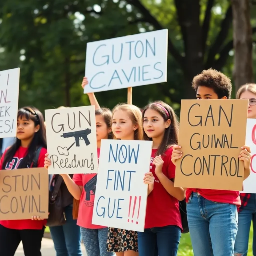 Students holding signs at a protest against gun violence.