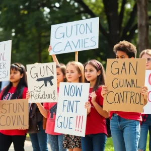 Students holding signs at a protest against gun violence.