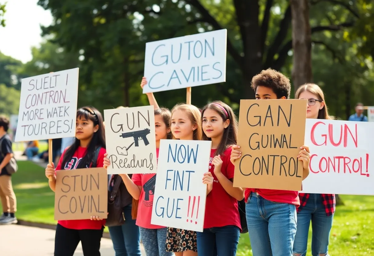 Students holding signs at a protest against gun violence.