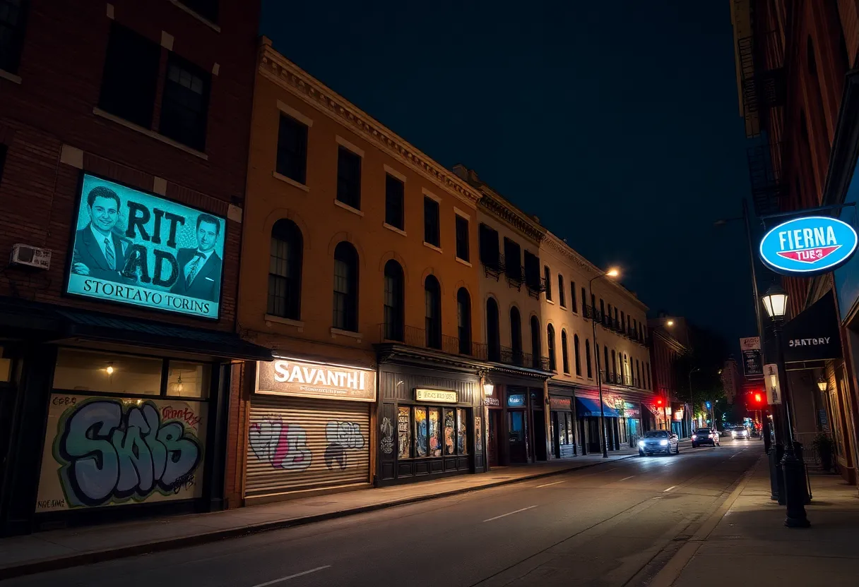City buildings in Savannah with graffiti art